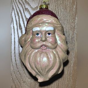 Vtg Holiday Time 8" Glittery Santa Head Blow Plastic Hanging Christmas Ornament